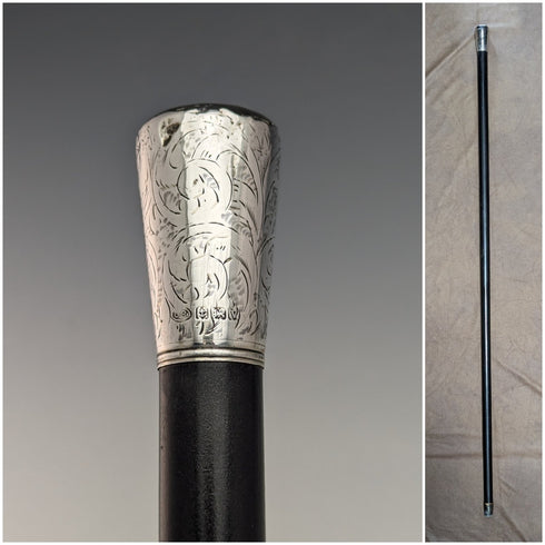 1920 British antique gentleman's walking stick, pure silver engraving, round handle, black shaft, 91.5cm